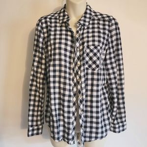 Navy and white check button up
